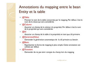 Annotations duAnnotations du mappingmapping entre leentre le beanbean
EntityEntity et la tableet la table
@Table
◦ Préciser le nom de la table concernée par le mapping. Par défaut c’est le
nom de la classe qui sera considérée
@Column
◦ Associer un champ de la colone à la propriété. Par défaut c’est le nom
de la propriété qui sera considérée.
@Id@Id
◦ Associer un champ de la table à la propriété en tant que clé primaire
@GeneratedValue
◦ Demander la génération automatique de la clé primaire au besoin
@Basic
◦ Représenter la forme de mapping la plus simple. Cette annotation est
utilisée par défaut
@Transient
◦ Demander de ne pas tenir compte du champ lors du mapping
med@youssfi.net
 