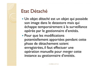 Etat DétachéEtat Détaché
Un objet détaché est un objet qui possède
son image dans le datastore mais qui
échappe temporairement à la surveillance
opérée par le gestionnaire d’entités.
Pour que les modifications
med@youssfi.net
Pour que les modifications
potentiellement apportées pendant cette
phase de détachement soient
enregistrées, il faut effectuer une
opération manuelle pour merger cette
instance au gestionnaire d’entités.
 