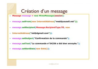 CCrrééaattiioonn dd’’uunn mmeessssaaggee 
 Message message = new MimeMessage(session); 
 message.setFrom(new InternetAddress(med@youssfi.net)); 
 message.setRecipient(Message.RecipientType.TO, new 
 InternetAddress(sid@dgmail.com)); 
 message.setSubject(Confirmation de la commande); 
 message.setText(La commande n°34256 a été bien envoyée.); 
 message.setSentDate(new Date()); 
med@youssfi.net 
 