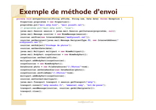 Exemple ddee mméétthhooddee dd’’eennvvooii 
private void envoyerCourrier(String affiche, String nom, Date date) throws Exception { 
Properties propriétés = new Properties(); 
propriétés.put(mail.smtp.host, mail.youssfi.net); 
// propriétés.put(mail.smtp.auth, true); 
javax.mail.Session session = javax.mail.Session.getInstance(propriétés, null); 
javax.mail.Message courrier = new MimeMessage(session); 
courrier.setFrom(new InternetAddress(med@youssfi.net)); 
courrier.setRecipient(javax.mail.Message.RecipientType.TO, new InternetAddress( 
sid@youssfi.net)); 
courrier.setSubject(Stockage de photos); 
courrier.setSentDate(date); 
javax.mail.Multipart multipart = new MimeMultipart(); 
javax.mail.BodyPart corpsCourrier = new MimeBodyPart(); 
corpsCourrier.setText(affiche); 
multipart.addBodyPart(corpsCourrier); 
corpsCourrier = new MimeBodyPart(); 
DataSource photo = new FileDataSource(J:/Photos/+nom); 
corpsCourrier.setDataHandler(new DataHandler(photo)); 
corpsCourrier.setFileName(J:/Photos/+nom); 
multipart.addBodyPart(corpsCourrier); 
courrier.setContent(multipart); 
javax.mail.Transport transport = session.getTransport(smtp); 
transport.connect(smtp.wanadoo.fr, emmanuel.remy, mot-de-passe); 
transport.sendMessage(courrier, courrier.getAllRecipients()); 
transport.close(); 
} 
med@youssfi.net 
 