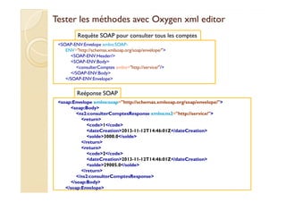 Tester lleess mméétthhooddeess aavveecc OOxxyyggeenn xxmmll eeddiittoorr 
Requête SOAP pour consulter tous les comptes 
SOAP-ENV:Envelope xmlns:SOAP-ENV= 
http://schemas.xmlsoap.org/soap/envelope/ 
SOAP-ENV:Header/ 
SOAP-ENV:Body 
consulterComptes xmlns=http://service// 
/SOAP-ENV:Body 
/SOAP-ENV:Envelope 
Reéponse SOAP 
soap:Envelope xmlns:soap=http://schemas.xmlsoap.org/soap/envelope/ 
med@youssfi.net 
soap:Body 
ns2:consulterComptesResponse xmlns:ns2=http://service/ 
return 
code1/code 
dateCreation2013-11-12T14:46:01Z/dateCreation 
solde3000.0/solde 
/return 
return 
code2/code 
dateCreation2013-11-12T14:46:01Z/dateCreation 
solde29005.0/solde 
/return 
/ns2:consulterComptesResponse 
/soap:Body 
/soap:Envelope 
 