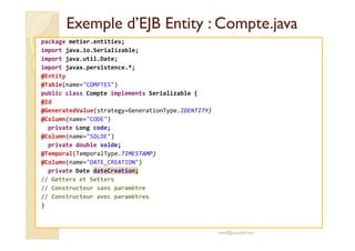 EExxeemmppllee dd’’EEJJBB EEnnttiittyy :: CCoommppttee..jjaavvaa 
package metier.entities; 
import java.io.Serializable; 
import java.util.Date; 
import javax.persistence.*; 
@Entity 
@Table(name=COMPTES) 
public class Compte implements Serializable { 
@Id 
@GeneratedValue(strategy=GenerationType.IDENTITY) 
@Column(name=CODE) 
pprriivvaattee LLoonngg ccooddee;; 
@Column(name=SOLDE) 
private double solde; 
@Temporal(TemporalType.TIMESTAMP) 
@Column(name=DATE_CREATION) 
private Date dateCreation; 
// Getters et Setters 
// Constructeur sans paramètre 
// Constructeur avec paramètres 
} 
med@youssfi.net 
 