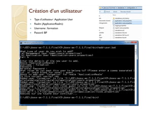 Création dd’’uunn uuttiilliissaatteeuurr 
 Type d’utilisateur : Application User 
 Realm (ApplicationRealm): 
 Username : formation 
 Passord :BP 
med@youssfi.net 
 