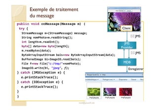 Exemple ddee ttrraaiitteemmeenntt 
dduu mmeessssaaggee 
public void onMessage(Message m) { 
try { 
StreamMessage m=(StreamMessage) message; 
String nomPhoto=m.readString(); 
int length=m.readInt(); 
byte[] data=new byte[length]; 
m.readBytes(data); 
ByteArrayInputStream bais=new ByteArrayInputStream(data); 
JMS 
JMS 
Provider 
JMS 
Client 
BufferedImage bi=ImageIO.read(bais); 
File f=new File(c:/tmp/+nomPhoto); 
ImageIO.write(bi, jpeg, f); 
} catch (JMSException e) { 
e.printStackTrace(); 
} catch (IOException e) { 
e.printStackTrace(); 
} 
} 
med@youssfi.net 
MDB 
Enregistrer 
 