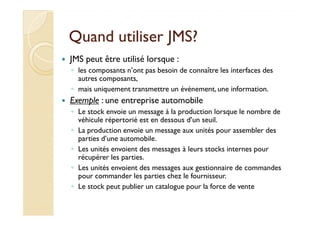QQuuaanndd uuttiilliisseerr JJMMSS?? 
 JMS peut être utilisé lorsque : 
◦ les composants n’ont pas besoin de connaître les...