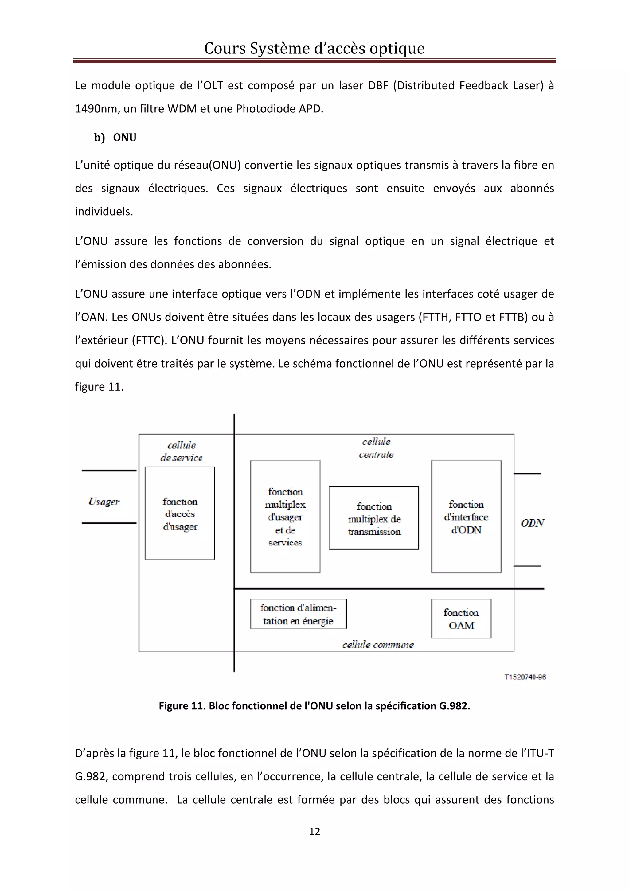 Cours Système d’accès optique 
 
12 
 
Le module optique de l’OLT est composé par un laser DBF (Distributed Feedback Laser) à 
1490nm, un filtre WDM et une Photodiode APD. 
b) ONU  
L’unité optique du réseau(ONU) convertie les signaux optiques transmis à travers la fibre en 
des  signaux  électriques.  Ces  signaux  électriques  sont  ensuite  envoyés  aux  abonnés 
individuels. 
L’ONU  assure  les  fonctions  de  conversion  du  signal  optique  en  un  signal  électrique  et 
l’émission des données des abonnées. 
L’ONU assure une interface optique vers l’ODN et implémente les interfaces coté usager de 
l’OAN. Les ONUs doivent être situées dans les locaux des usagers (FTTH, FTTO et FTTB) ou à 
l’extérieur (FTTC). L’ONU fournit les moyens nécessaires pour assurer les différents services 
qui doivent être traités par le système. Le schéma fonctionnel de l’ONU est représenté par la 
figure 11. 
 
Figure 11. Bloc fonctionnel de l'ONU selon la spécification G.982. 
 
D’après la figure 11, le bloc fonctionnel de l’ONU selon la spécification de la norme de l’ITU‐T 
G.982, comprend trois cellules, en l’occurrence, la cellule centrale, la cellule de service et la 
cellule commune.  La cellule centrale est formée par des blocs qui assurent des fonctions 
 