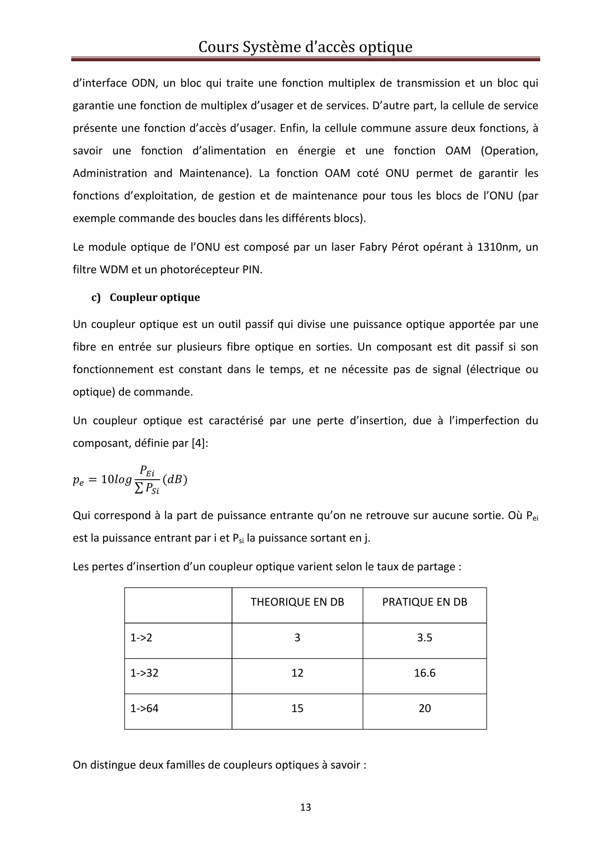 Cours Système d’accès optique 
 
13 
 
d’interface ODN, un bloc qui traite une fonction multiplex de transmission et un bloc qui 
garantie une fonction de multiplex d’usager et de services. D’autre part, la cellule de service 
présente une fonction d’accès d’usager. Enfin, la cellule commune assure deux fonctions, à 
savoir  une  fonction  d’alimentation  en  énergie  et  une  fonction  OAM  (Operation, 
Administration  and  Maintenance).  La  fonction  OAM  coté  ONU  permet  de  garantir  les 
fonctions d’exploitation, de gestion et de maintenance pour tous les  blocs de l’ONU (par 
exemple commande des boucles dans les différents blocs).  
Le module optique de l’ONU est composé par un laser Fabry Pérot opérant à 1310nm, un 
filtre WDM et un photorécepteur PIN. 
c) Coupleur optique 
Un coupleur optique est un outil passif qui divise une puissance optique apportée par une 
fibre  en  entrée  sur  plusieurs  fibre  optique  en  sorties.  Un  composant  est  dit  passif  si  son 
fonctionnement  est  constant  dans  le  temps,  et  ne  nécessite  pas  de  signal  (électrique  ou 
optique) de commande. 
Un  coupleur  optique  est  caractérisé  par  une  perte  d’insertion,  due  à  l’imperfection  du 
composant, définie par [4]: 
10
∑
 
Qui correspond à la part de puissance entrante qu’on ne retrouve sur aucune sortie. Où Pei 
est la puissance entrant par i et Psi la puissance sortant en j. 
Les pertes d’insertion d’un coupleur optique varient selon le taux de partage : 
  THEORIQUE EN DB  PRATIQUE EN DB 
1‐>2  3  3.5 
1‐>32  12  16.6 
1‐>64  15  20 
 
On distingue deux familles de coupleurs optiques à savoir : 
 