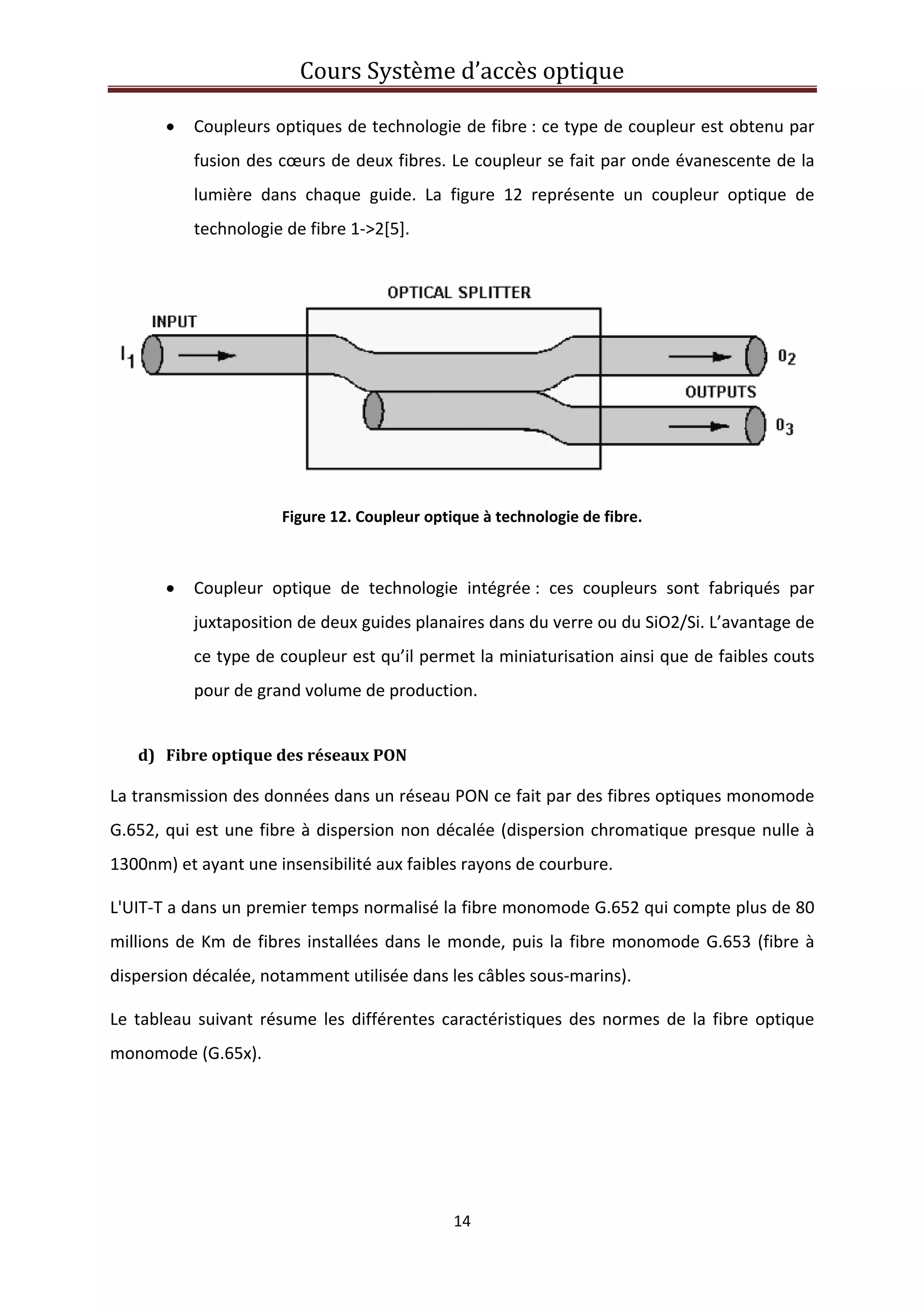 Cours Système d’accès optique 
 
14 
 
• Coupleurs optiques de technologie de fibre : ce type de coupleur est obtenu par 
fusion des cœurs de deux fibres. Le coupleur se fait par onde évanescente de la 
lumière  dans  chaque  guide.  La  figure  12  représente  un  coupleur  optique  de 
technologie de fibre 1‐>2[5]. 
 
Figure 12. Coupleur optique à technologie de fibre. 
 
• Coupleur  optique  de  technologie  intégrée :  ces  coupleurs  sont  fabriqués  par 
juxtaposition de deux guides planaires dans du verre ou du SiO2/Si. L’avantage de 
ce type de coupleur est qu’il permet la miniaturisation ainsi que de faibles couts 
pour de grand volume de production. 
 
d) Fibre optique des réseaux PON 
La transmission des données dans un réseau PON ce fait par des fibres optiques monomode 
G.652, qui est une fibre à dispersion non décalée (dispersion chromatique presque nulle à 
1300nm) et ayant une insensibilité aux faibles rayons de courbure. 
L'UIT‐T a dans un premier temps normalisé la fibre monomode G.652 qui compte plus de 80 
millions de Km de fibres installées dans le monde, puis la fibre monomode G.653 (fibre à 
dispersion décalée, notamment utilisée dans les câbles sous‐marins). 
Le tableau suivant résume les différentes caractéristiques des normes de la fibre optique 
monomode (G.65x). 
 