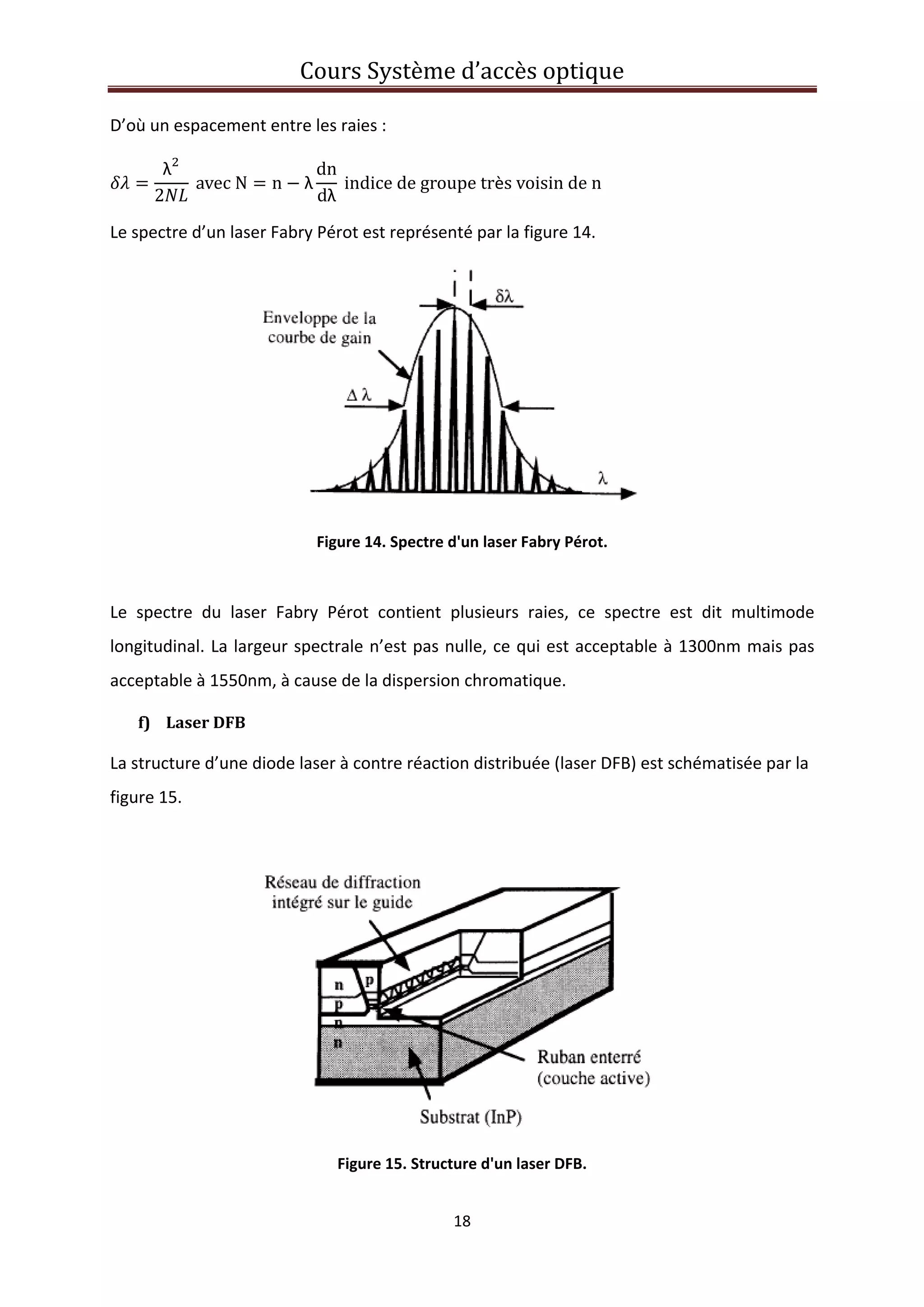 Cours Système d’accès optique 
 
18 
 
D’où un espacement entre les raies : 
λ
2
 avec N n λ
dn
dλ
 indice de groupe très voisin de n 
Le spectre d’un laser Fabry Pérot est représenté par la figure 14.  
 
Figure 14. Spectre d'un laser Fabry Pérot. 
 
Le  spectre  du  laser  Fabry  Pérot  contient  plusieurs  raies,  ce  spectre  est  dit  multimode 
longitudinal. La largeur spectrale n’est pas nulle, ce qui est acceptable à 1300nm mais pas 
acceptable à 1550nm, à cause de la dispersion chromatique. 
f) Laser DFB  
La structure d’une diode laser à contre réaction distribuée (laser DFB) est schématisée par la 
figure 15. 
 
 
Figure 15. Structure d'un laser DFB. 
 