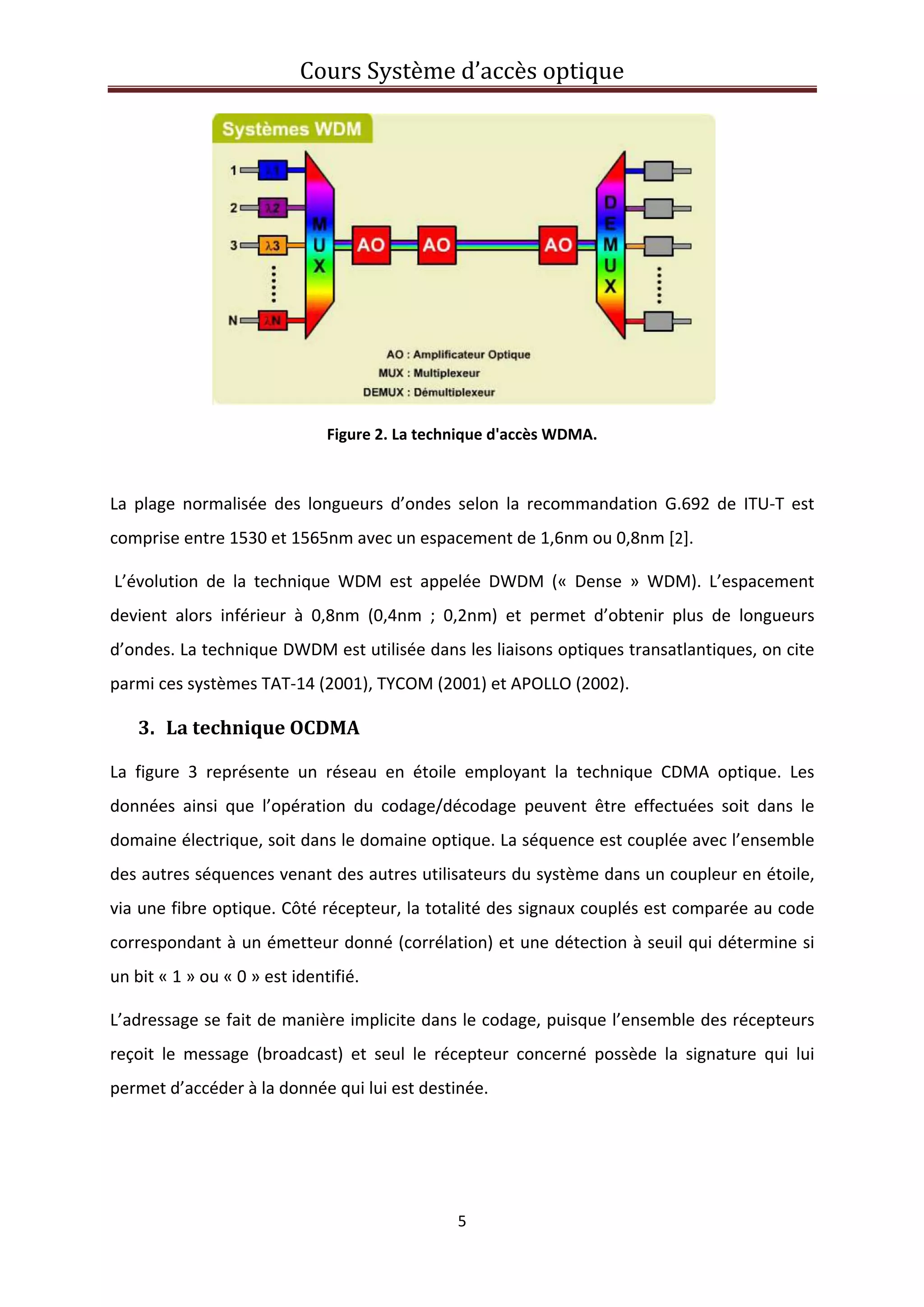 Cours Système d’accès optique 
 
5 
 
 
Figure 2. La technique d'accès WDMA. 
 
La  plage  normalisée  des  longueurs  d’ondes  selon  la  recommandation  G.692  de  ITU‐T  est 
comprise entre 1530 et 1565nm avec un espacement de 1,6nm ou 0,8nm [2]. 
 L’évolution  de  la  technique  WDM  est  appelée  DWDM  («  Dense  »  WDM).  L’espacement 
devient  alors  inférieur  à  0,8nm  (0,4nm  ;  0,2nm)  et  permet  d’obtenir  plus  de  longueurs 
d’ondes. La technique DWDM est utilisée dans les liaisons optiques transatlantiques, on cite 
parmi ces systèmes TAT‐14 (2001), TYCOM (2001) et APOLLO (2002).  
3. La technique OCDMA  
La  figure  3  représente  un  réseau  en  étoile  employant  la  technique  CDMA  optique.  Les 
données  ainsi  que  l’opération  du  codage/décodage  peuvent  être  effectuées  soit  dans  le 
domaine électrique, soit dans le domaine optique. La séquence est couplée avec l’ensemble 
des autres séquences venant des autres utilisateurs du système dans un coupleur en étoile, 
via une fibre optique. Côté récepteur, la totalité des signaux couplés est comparée au code 
correspondant à un émetteur donné (corrélation) et une détection à seuil qui détermine si 
un bit « 1 » ou « 0 » est identifié. 
L’adressage se fait de manière implicite dans le codage, puisque l’ensemble des récepteurs 
reçoit  le  message  (broadcast)  et  seul  le  récepteur  concerné  possède  la  signature  qui  lui 
permet d’accéder à la donnée qui lui est destinée. 
 
 
