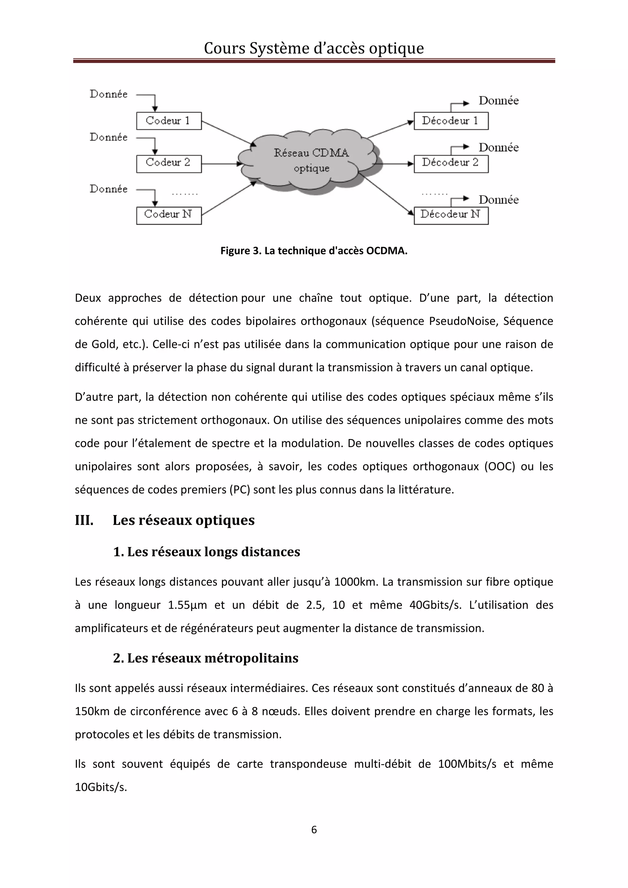 Cours Système d’accès optique 
 
6 
 
 
Figure 3. La technique d'accès OCDMA. 
 
Deux  approches  de  détection pour  une  chaîne  tout  optique.  D’une  part,  la  détection 
cohérente qui utilise des codes bipolaires orthogonaux (séquence PseudoNoise, Séquence 
de Gold, etc.). Celle‐ci n’est pas utilisée dans la communication optique pour une raison de 
difficulté à préserver la phase du signal durant la transmission à travers un canal optique. 
D’autre part, la détection non cohérente qui utilise des codes optiques spéciaux même s’ils 
ne sont pas strictement orthogonaux. On utilise des séquences unipolaires comme des mots 
code pour l’étalement de spectre et la modulation. De nouvelles classes de codes optiques 
unipolaires  sont  alors  proposées,  à  savoir,  les  codes  optiques  orthogonaux  (OOC)  ou  les 
séquences de codes premiers (PC) sont les plus connus dans la littérature. 
III. Les réseaux optiques 
1. Les réseaux longs distances 
Les réseaux longs distances pouvant aller jusqu’à 1000km. La transmission sur fibre optique 
à  une  longueur  1.55µm  et  un  débit  de  2.5,  10  et  même  40Gbits/s.  L’utilisation  des 
amplificateurs et de régénérateurs peut augmenter la distance de transmission. 
2. Les réseaux métropolitains 
Ils sont appelés aussi réseaux intermédiaires. Ces réseaux sont constitués d’anneaux de 80 à 
150km de circonférence avec 6 à 8 nœuds. Elles doivent prendre en charge les formats, les 
protocoles et les débits de transmission. 
Ils  sont  souvent  équipés  de  carte  transpondeuse  multi‐débit  de  100Mbits/s  et  même 
10Gbits/s. 
 