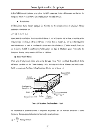 Cours Système d’accès optique 
 
17 
 
0.5 /√  ce qui implique une valeur de DGD maximale égale à 19ps pour une liaison de 
longueur 40km et un système Ethernet avec un débit de 10Gb/s. 
• Atténuation 
L’atténuation  d’une  liaison  optique  (A)  formée  par  la  concaténation  de  plusieurs  fibres 
optiques est donnée par : 
y 
Avec α est le coefficient d’atténuation linéique, L est la longueur de la fibre, αs est La perte 
moyenne de soudure, x est le nombre de soudure dans la liaison, αc  est la perte moyenne 
des connecteurs et y est le nombre de connecteurs dans la liaison. D’après les spécifications 
de  la  norme  G.652,  le  coefficient  d’atténuation  est  égal  à  0.5dB/km  pour  l’intervalle  de 
longueur d’onde compris entre 1260nm et 1360nm. 
e) Laser Fabry Pérot 
C’est une structure qui utilise une cavité de type Fabry Pérot constitué de guide et de la 
réflexion partielle sur les faces clivées(R=30%, à cause de la forte différence d’indice avec 
l’air). La structure d’un laser Fabry Pérot est décrite par la figure 13. 
 
Figure 13. Structure d'un laser Fabry Pérot. 
 
La résonance se produit lorsque la longueur du guide L est un multiple entier de la semi 
longueur d’onde, ce qui sélectionne les modes longitudinaux : 
2
       
 