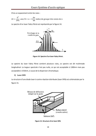 Cours Système d’accès optique 
 
18 
 
D’où un espacement entre les raies : 
λ
2
 avec N n λ
dn
dλ
 indice de groupe très voisin de n 
Le spectre d’un laser Fabry Pérot est représenté par la figure 14.  
 
Figure 14. Spectre d'un laser Fabry Pérot. 
 
Le  spectre  du  laser  Fabry  Pérot  contient  plusieurs  raies,  ce  spectre  est  dit  multimode 
longitudinal. La largeur spectrale n’est pas nulle, ce qui est acceptable à 1300nm mais pas 
acceptable à 1550nm, à cause de la dispersion chromatique. 
f) Laser DFB  
La structure d’une diode laser à contre réaction distribuée (laser DFB) est schématisée par la 
figure 15. 
 
 
Figure 15. Structure d'un laser DFB. 
 