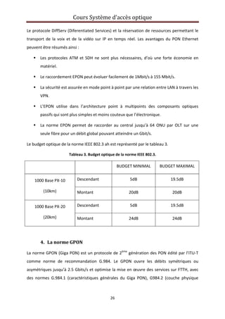 Cours Système d’accès optique 
 
26 
 
Le protocole DiffServ (Diferentiated Services) et la réservation de ressources permettant le 
transport  de  la  voix  et  de  la  vidéo  sur  IP  en  temps  réel.  Les  avantages  du  PON  Ethernet 
peuvent être résumés ainsi : 
Les protocoles ATM et SDH ne sont plus nécessaires, d’où une forte  économie en 
matériel. 
Le raccordement EPON peut évoluer facilement de 1Mbit/s à 155 Mbit/s. 
La sécurité est assurée en mode point à point par une relation entre LAN à travers les 
VPN. 
L’EPON  utilise  dans  l’architecture  point  à  multipoints  des  composants  optiques 
passifs qui sont plus simples et moins couteux que l’électronique. 
La  norme  EPON  permet  de  raccorder  au  central  jusqu’à  64  ONU  par  OLT  sur  une 
seule fibre pour un débit global pouvant atteindre un Gbit/s. 
Le budget optique de la norme IEEE 802.3 ah est représenté par le tableau 3. 
Tableau 3. Budget optique de la norme IEEE 802.3. 
    BUDGET MINIMAL  BUDGET MAXIMAL 
1000 Base PX‐10 
(10km) 
Descendant   5dB  19.5dB 
Montant   20dB  20dB 
1000 Base PX‐20 
(20km) 
Descendant  5dB  19.5dB 
Montant  24dB  24dB 
 
4. La norme GPON 
La norme GPON (Giga PON) est un protocole de 2ème
 génération des PON édité par l’ITU‐T 
comme  norme  de  recommandation  G.984.  Le  GPON  ouvre  les  débits  symétriques  ou 
asymétriques jusqu’à 2.5 Gbits/s et optimise la mise en œuvre des services sur FTTH, avec 
des  normes  G.984.1  (caractéristiques  générales  du  Giga  PON),  G984.2  (couche  physique 
 