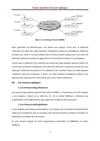 Cours Système d’accès optique 
 
6 
 
 
Figure 3. La technique d'accès OCDMA. 
 
Deux  approches  de  détection pour  une  chaîne  tout  optique.  D’une  part,  la  détection 
cohérente qui utilise des codes bipolaires orthogonaux (séquence PseudoNoise, Séquence 
de Gold, etc.). Celle‐ci n’est pas utilisée dans la communication optique pour une raison de 
difficulté à préserver la phase du signal durant la transmission à travers un canal optique. 
D’autre part, la détection non cohérente qui utilise des codes optiques spéciaux même s’ils 
ne sont pas strictement orthogonaux. On utilise des séquences unipolaires comme des mots 
code pour l’étalement de spectre et la modulation. De nouvelles classes de codes optiques 
unipolaires  sont  alors  proposées,  à  savoir,  les  codes  optiques  orthogonaux  (OOC)  ou  les 
séquences de codes premiers (PC) sont les plus connus dans la littérature. 
III. Les réseaux optiques 
1. Les réseaux longs distances 
Les réseaux longs distances pouvant aller jusqu’à 1000km. La transmission sur fibre optique 
à  une  longueur  1.55µm  et  un  débit  de  2.5,  10  et  même  40Gbits/s.  L’utilisation  des 
amplificateurs et de régénérateurs peut augmenter la distance de transmission. 
2. Les réseaux métropolitains 
Ils sont appelés aussi réseaux intermédiaires. Ces réseaux sont constitués d’anneaux de 80 à 
150km de circonférence avec 6 à 8 nœuds. Elles doivent prendre en charge les formats, les 
protocoles et les débits de transmission. 
Ils  sont  souvent  équipés  de  carte  transpondeuse  multi‐débit  de  100Mbits/s  et  même 
10Gbits/s. 
 