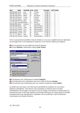 FSJES-AGADIR

Semestre3 (Licence Economie et Gestion)

Voici ce que devrait ressembler la liste de données si vous avez complété toutes les opérations
de cette page Web. Il est maintenant le temps de voir le total des salaires par catégorie.
Placez le pointeur sur une cellule de la liste de données.
Du menu Données, sélectionnez l'option Sous Totaux.

De la première case, sélectionnez le champ Catégorie.
Pour la deuxième case, sélectionnez que vous voulez la fonction Somme.
De la troisième case, sélectionnez que vous voulez la somme du champ Salaire.
La fenêtre des sous totaux vous offre aussi la possibilité de remplacer les sous totaux
d'analyses précédentes. Vous pouvez aussi accumuler ces analyses pour avoir plus
d'informations. Par exemple, vous pouvez avoir la somme et la moyenne en même temps sur
la feuille de calcul. Il faut faire attention à la fonction NBVal qui est censée donner le nombre
d'enregistrements par regroupement. Cependant, elle ne semble pas vouloir fonctionner
correctement avec d'autres fonctions.

AU :2011-2012
30

 