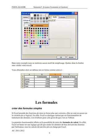 FSJES-AGADIR

Semestre3 (Licence Economie et Gestion)

Dans notre exemple nous ne mettrons aucun motif de remplissage. Quittez donc la fenêtre
sans valider votre travail.
Vous obtiendrez alors un tableau mis en forme comme celui-ci :

Les formules
créer des formules simples
Si Excel possède des fonctions de mise en forme plus que correctes, elles ne sont en aucun cas
la vocation de ce logiciel. En effet, Excel se distingue surtout par ses fonctionnalités de
traitement des données, c'est d'ailleurs pour cela qu'on dit que c'est un Tableur.
La première fonctionnalité offerte est la possibilité de créer des formules de calcul. En effet,
Excel est basée sur une logique qui dit que seules les données de base doivent être fournies
par l'utilisateur, tous les calculs devant être pris en charge par Excel.
AU :2011-2012
6

 