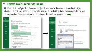  Chiffré avec un mot de passe:
Fichier  Protéger le classeur je clique sur le bouton déroulant et je
choisis chiffrer avec un mot de passe  Je fait entrer mon mot de passe
une autre fenêtre s’ouvre retaper le mot de passe  ok
 