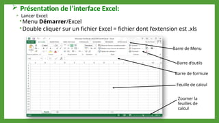  Présentation de l’interface Excel:
 Lancer Excel:
 Menu Démarrer/Excel
 Double cliquer sur un fichier Excel = fichier dont l’extension est .xls
Barre de Menu
Barre d’outils
Barre de formule
Feuille de calcul
Zoomer la
feuilles de
calcul
 