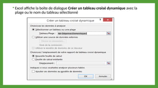  Excel affiche la boîte de dialogue Créer un tableau croisé dynamique avec la
plage ou le nom du tableau sélectionné
 