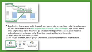  Pour les données dans une feuille de calcul, vous pouvez créer un graphique croisé dynamique sans
qu’il vous soit nécessaire de créer au préalable un tableau croisé dynamique. Vous pouvez même
créer un graphique croisé dynamique qui est recommandé pour vos données. Excel crée alors
automatiquement un tableau croisé dynamique couplé. Voici comment procéder :
1.Cliquez n’importe où dans les données.
2.Sous l’onglet Insertion, dans le groupe Graphiques, sélectionnez Graphiques recommandés.
 