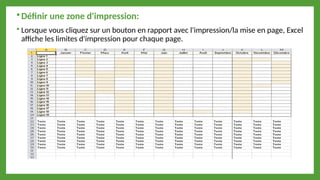  Définir une zone d'impression:
 Lorsque vous cliquez sur un bouton en rapport avec l'impression/la mise en page, Excel
affiche les limites d'impression pour chaque page.
 