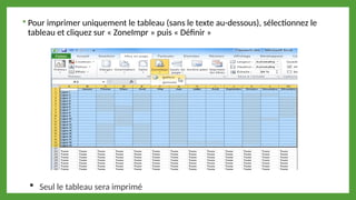  Pour imprimer uniquement le tableau (sans le texte au-dessous), sélectionnez le
tableau et cliquez sur « ZoneImpr » puis « Définir »
 Seul le tableau sera imprimé
 