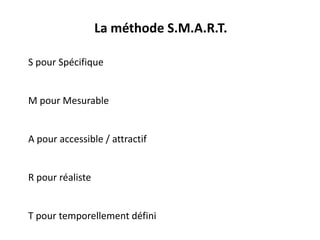 La méthode S.M.A.R.T.
S pour Spécifique
M pour Mesurable
A pour accessible / attractif
R pour réaliste
T pour temporellement défini
 