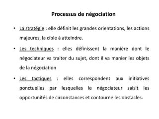 • La stratégie : elle définit les grandes orientations, les actions
majeures, la cible à atteindre.
• Les techniques : elles définissent la manière dont le
négociateur va traiter du sujet, dont il va manier les objets
de la négociation
• Les tactiques : elles correspondent aux initiatives
ponctuelles par lesquelles le négociateur saisit les
opportunités de circonstances et contourne les obstacles.
Processus de négociation
 