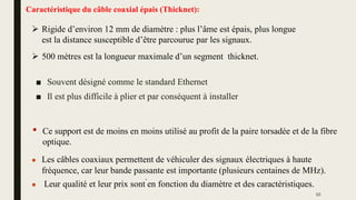 Caractéristique du câble coaxial épais (Thicknet):
■ Souvent désigné comme le standard Ethernet
■ Il est plus difficile à plier et par conséquent à installer
.
 Rigide d’environ 12 mm de diamètre : plus l’âme est épais, plus longue
est la distance susceptible d’être parcourue par les signaux.
• Ce support est de moins en moins utilisé au profit de la paire torsadée et de la fibre
optique.
 Les câbles coaxiaux permettent de véhiculer des signaux électriques à haute
fréquence, car leur bande passante est importante (plusieurs centaines de MHz).
 Leur qualité et leur prix sont en fonction du diamètre et des caractéristiques.
 500 mètres est la longueur maximale d’un segment thicknet.
10
 