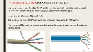  paire torsadée non blindé (UTP: Unshielded Twisted-Pair )
Mais elle est plus sensible aux bruits.
Un segment de câble UTP peut avoir une longueur maximale de 100 mètres.
Ce type de câble étant en forte demande à cause de son coût et de sa simple méthode
d'installation.
La paire torsadée non blindée (UTP) est la plus populaire et constitue généralement
la meilleure option pour les réseaux locaux et le réseau téléphonique.
14
 