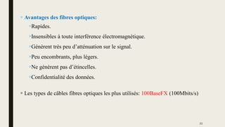  Avantages des fibres optiques:
Rapides.
Insensibles à toute interférence électromagnétique.
Génèrent très peu d’atténuation sur le signal.
Peu encombrants, plus légers.
Ne génèrent pas d’étincelles.
Confidentialité des données.
 Les types de câbles fibres optiques les plus utilisés: 100BaseFX (100Mbits/s)
21
 