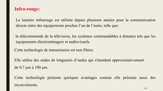 Cette technologie présente quelques avantages comme elle présente aussi des
inconvénients.
Elle utilise des ondes de longueurs d’ondes qui s'étendent approximativement
de 0,7 μm à 100 μm.
Cette technologie de transmission est non filaire.
la télécommande de la télévision, les systèmes commandables à distance tels que les
équipements électroménagers et audiovisuels.
La lumière infrarouge est utilisée depuis plusieurs années pour la communication
directe entre des équipements proches l’un de l’autre, telle que:
Infra-rouge:
25
 