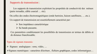 Supports de transmission :
Les supports de transmission exploitent les propriétés de conductivité des métaux
(paire torsadée, câble coaxial … etc).
Un support de transmission est essentiellement caractérisé par:
Types de signaux transmis:
 Signaux analogiques : sons, vidéo, …
Ou celles des ondes électromagnétiques (onde hertzien, liaison satellitaire, … etc.).
 Son impédance caractéristique
 Sa bande passante.
Ces paramètres conditionnent les possibilités de transmission en termes de débits et
de distance franchissable.
Signaux numériques : caractères d'écriture , fichiers graphiques, codes informatiques…
4
 