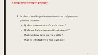 Câblage réseau: support physique
 Le choix d’un câblage d’un réseau nécessite la réponse aux
questions suivantes:
– Quel est le volume de trafic sur le réseau ?
– Quels sont les besoins en matière de sécurité ?
– Quelle distance devra couvrir le câble ?
– Quel est le budget prévu pour le câblage ?
6
 