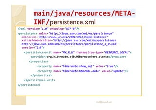 mmaaiinn//jjaavvaa//rreessoouurrcceess//MMEETTAA-IINNFF// 
ppeerrssiisstteennccee..xxmmll 
?xml version=1.0 encoding=UTF-8? 
persistence xmlns=http://java.sun.com/xml/ns/persistence 
xmlns:xsi=http://www.w3.org/2001/XMLSchema-instance 
xsi:schemaLocation=http://java.sun.com/xml/ns/persistence 
http://java.sun.com/xml/ns/persistence/persistence_2_0.xsd 
version=2.0 
persistence-unit name=MY_P_U transaction-type=RESOURCE_LOCAL 
providerorg.hibernate.ejb.HibernatePersistence/provider 
properties 
property name=hibernate.show_sql value=true/ 
property name=hibernate.hbm2ddl.auto value=update/ 
/properties 
/persistence-unit 
/persistence 
med@youssfi.net 
 