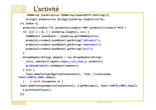 LL’’aaccttiivviittéé 
JSONArray jsonArray=new JSONArray(reponseHTTP.toString()); 
String[] produits=new String[(jsonArray.length()+1)*3]; 
int index=-1; 
produits[++index]=ID;produits[++index]=NOM;produits[++index]=PRIX; 
for (int i = 0; i  jsonArray.length(); i++) { 
JSONObject jsonObject = jsonArray.getJSONObject(i); 
produits[++index]=jsonObject.getString(idProduit); 
produits[++index]=jsonObject.getString(nomProduit); 
produits[++index]=jsonObject.getString(prix); 
} 
ArrayAdapterString adapter = new ArrayAdapterString 
(this, android.R.layout.simple_list_item_1, produits); 
gridViewProduits.setAdapter(adapter); 
} else { 
Toast.makeText(getApplicationContext(), Code =+statusCode, 
Toast.LENGTH_LONG).show(); 
} } catch (Exception e) { 
Toast.makeText(getApplicationContext(), e.getMessage(), Toast.LENGTH_LONG).show(); 
e.printStackTrace(); 
}}} 
med@youssfi.net 
 