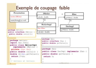 Exemple ddee ccoouuppaaggee ffaaiibbllee 
MetierImpl 
dao: IDao 
calcul() : double 
1 IDao 
getValue() : double 
DaoImpl 
getValue() : double 
IMetier 
calcul() : double 
Presentation 
metier:IMetier 
main(String[] a):void 
1 
package metier; 
public interface IMetier { 
public double calcul(); 
package dao; 
public interface IDao { 
public double getValue(); 
} 
package dao; 
public class DaoImpl implements IDao { 
public double getValue() { 
return 5; 
} 
} 
med@youssfi.net 
package metier; 
import dao.IDao; 
public class MetierImpl 
implements IMetier { 
private IDao dao; 
public double calcul() { 
double nb=dao.getValue(); 
return 2*nb; 
} 
// Getters et Setters 
} 
} 
 