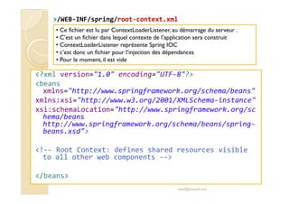 //WWEEBB-IINNFF//sspprriinngg/rroooott-ccoonntteexxtt..xxmmll 
• Ce fichier est lu par ContextLoaderListener, au démarrage du serveur . 
• C’est un fichier dans lequel contexte de l’application sera construit 
• ContextLoaderListener représente Spring IOC 
• c’est donc un fichier pour l’injection des dépendances 
• Pour le moment, il est vide 
?xml version=1.0 encoding=UTF-8? 
beans 
xmlns=http://www.springframework.org/schema/beans 
xmlns:xsi=http://www.w3.org/2001/XMLSchema-instance 
xsi:schemaLocation=http://www.springframework.org/sc 
hema/beans 
http://www.springframework.org/schema/beans/spring-beans. 
xsd 
!-- Root Context: defines shared resources visible 
to all other web components -- 
/beans 
med@youssfi.net 
 