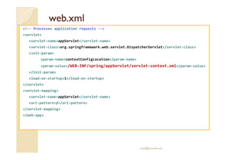 wweebb..xxmmll 
!-- Processes application requests -- 
servlet 
servlet-nameappServlet/servlet-name 
servlet-classorg.springframework.web.servlet.DispatcherServlet/servlet-class 
init-param 
param-namecontextConfigLocation/param-name 
param-value/WEB-INF/spring/appServlet/servlet-context.xml/param-value 
/init-param 
llooaadd--oonn--ssttaarrttuupp11//llooaadd--oonn--ssttaarrttuupp 
/servlet 
servlet-mapping 
servlet-nameappServlet/servlet-name 
url-pattern//url-pattern 
/servlet-mapping 
/web-app 
med@youssfi.net 
 