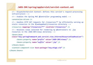 //WWEEBB-IINNFF//sspprriinngg/aappppSSeerrvvlleett//sseerrvvlleett-ccoonntteexxtt..xxmmll 
!-- DispatcherServlet Context: defines this servlet's request-processing 
infrastructure -- 
!-- Enables the Spring MVC @Controller programming model -- 
annotation-driven / 
!-- Handles HTTP GET requests for /resources/** by efficiently serving up 
static resources in the ${webappRoot}/resources directory -- 
resources mapping=/resources/** location=/resources/ / 
!-- Resolves views selected for rendering by @Controllers to .jsp 
rreessoouurrcceess iinn tthhee //WWEEBB--IINNFF//vviieewwss ddiirreeccttoorryy ---- 
beans:bean 
class=org.springframework.web.servlet.view.InternalResourceViewResolver 
beans:property name=prefix value=/WEB-INF/views/ / 
beans:property name=suffix value=.jsp / 
/beans:bean 
context:component-scan base-package=org.miage.sid / 
/beans:beans 
med@youssfi.net 
 