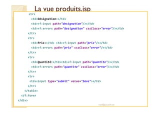 LLaa vvuuee pprroodduuiittss..jjsspp 
tr 
tdDésignation:/td 
tdf:input path=designation//td 
tdf:errors path=designation cssClass=error//td 
/tr 
tr 
tdPrix:/td tdf:input path=prix//td 
tdf:errors path=prix cssClass=error//td 
/tr 
ttrr 
tdQuantité:/tdtdf:input path=quantite//td 
tdf:errors path=quantite cssClass=error//td 
/tr 
tr 
tdinput type=submit value=Save/td 
/tr 
/table 
/f:form 
/div 
med@youssfi.net 
 