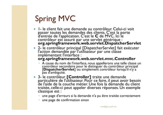 SSpprriinngg MMVVCC 
 1- le client fait une demande au contrôleur. Celui-ci voit 
passer toutes les demandes des clients. ...