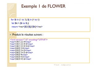 EExxeemmppllee 11 ddee FFLLOOWWEERR 
for $i in (1 to 3), $j in (4 to 6) 
let $k:= ($i to $ j) 
return res{$i}/{$j}/{$k}/res 
 Produit le résultat suivant : 
?xml version=1.0 encoding=UTF-8? 
res1/4/1 2 3 4/res 
res1/5/1 2 3 4 5/res 
res1/6/1 2 3 4 5 6/res 
res2/4/2 3 4/res 
res2/5/2 3 4 5/res 
res2/6/2 3 4 5 6/res 
res3/4/3 4/res 
res3/5/3 4 5/res 
res3/6/3 4 5 6/res 
M.Youssfi med@youssfi.net 
 
