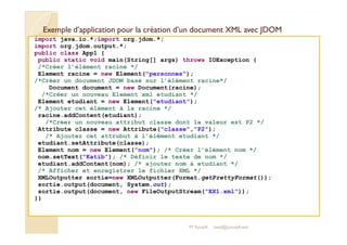 Exemple d’application pour la création d’un document XXMMLL aavveecc JJDDOOMM 
import java.io.*;import org.jdom.*; 
import org.jdom.output.*; 
public class App1 { 
public static void main(String[] args) throws IOException { 
/*Créer l’élément racine */ 
Element racine = new Element(personnes); 
/*Créer un document JDOM basé sur l’élément racine*/ 
Document document = new Document(racine); 
/*Créer un nouveau Element xml etudiant */ 
Element etudiant = new Element(etudiant); 
/* Ajouter cet élément à la racine */ 
racine.addContent(etudiant); 
/*Créer un nouveau attribut classe dont la valeur est P2 */ 
Attribute classe = new Attribute(classe,P2); 
/* Ajouter cet attrubut à l’élément etudiant */ 
etudiant.setAttribute(classe); 
Element nom = new Element(nom); /* Créer l’élément nom */ 
nom.setText(Katib); /* Définir le texte de nom */ 
etudiant.addContent(nom); /* ajouter nom à etudiant */ 
/* Afficher et enregistrer le fichier XML */ 
XMLOutputter sortie=new XMLOutputter(Format.getPrettyFormat()); 
sortie.output(document, System.out); 
sortie.output(document, new FileOutputStream(EX1.xml)); 
}} 
M.Youssfi 
med@youssfi.net 
 