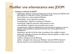 Modifier une arborescence aavveecc JJDDOOMM 
 Quelques méthodes de JDOM: 
◦ addContent : Ajoute le contenu de l'argument à la fin du contenu d'un Element. On 
peut spécifier un index pour l'inserer à la position voulu. 
◦ clone : Retourne un clone parfait de l'Element. 
◦ cloneContent : on ne copie que le contenu. 
◦ removeAttribute : Supprime un attribut d'un Element 
◦ removeChild : Supprime le premier enfant portant ce nom. 
◦ removeChildren : Supprime tous les enfants ayant ce nom. 
◦ removeContent : Supprime l'intégralité d'un noeud donné en argument ou par sa 
position. removeContent accept aussi les filtres, tout comme getContent vu 
précédement. 
◦ setAttribute : permet à la fois de créer un attribut et d'en modifier sa valeur. 
◦ setContent : Remplace le contenu d'un Element. On peut spécifier un index si l'on 
M.Youssfi 
ne veut pas tout remplacer. 
◦ setName : Change le nom de l'Element. 
◦ setText : Change le text contenu par l'Element. elementTEXT/element 
◦ toString : Retourne une représentation de l'Element sous forme de chaine. 
med@youssfi.net 
 