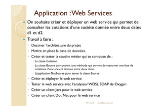 Application :: WWeebb SSeerrvviicceess 
 On souhaite créer et déployer un web service qui permet de 
consulter les cotations d’une société donnée entre deux dates 
d1 et d2. 
 Travail à faire : 
◦ Dessiner l’architecture du projet 
◦ Mettre en place la base de données. 
◦ CCrrééeerr eett tteesstteerr llaa ccoouucchhee mmééttiieerr qquuii ssee ccoommppoossee ddee :: 
 La classe Cotation 
 La classe Bourse qui contient une méthode qui permet de retourner une liste de 
cotations d’une société donnée entre deux dates 
 L(application TestBourse pour tester la classe Bourse 
◦ Créer et déployer le web service 
◦ Tester le web service avec l’analyseur WDSL SOAP de Oxygen 
◦ Créer un client Java pour le web service 
◦ Créer un client Dot Net pour le web service 
M.Youssfi med@youssfi.net 
 