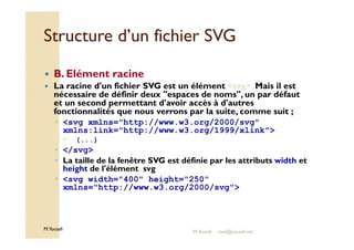 Structure dd’’uunn ffiicchhiieerr SSVVGG 
 B. Elément racine 
 La racine d'un fichier SVG est un élément svg.Mais il est 
nécessaire de définir deux espaces de noms, un par défaut 
et un second permettant d'avoir accès à d'autres 
fonctionnalités que nous verrons par la suite, comme suit ; 
◦ svg xmlns=http://www.w3.org/2000/svg 
M.Youssfi 
xmlns:link=http://www.w3.org/1999/xlink 
 (...) 
◦ /svg 
◦ La taille de la fenêtre SVG est définie par les attributs width et 
height de l'élément svg 
◦ svg width=400 height=250 
xmlns=http://www.w3.org/2000/svg 
M.Youssfi med@youssfi.net 
 