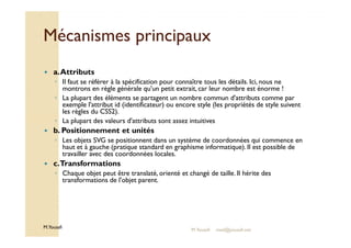 MMééccaanniissmmeess pprriinncciippaauuxx 
 a. Attributs 
◦ Il faut se référer à la spécification pour connaître tous les détails. Ici, nous ne 
montrons en règle générale qu'un petit extrait, car leur nombre est énorme ! 
◦ La plupart des éléments se partagent un nombre commun d'attributs comme par 
exemple l'attribut id (identificateur) ou encore style (les propriétés de style suivent 
les règles du CSS2). 
◦ La plupart des valeurs d'attributs sont assez intuitives 
 b. Positionnement et unités 
◦ Les objets SVG se positionnent dans un système de coordonnées qui commence en 
M.Youssfi 
haut et à gauche (pratique standard en graphisme informatique). Il est possible de 
travailler avec des coordonnées locales. 
 c. Transformations 
◦ Chaque objet peut être translaté, orienté et changé de taille. Il hérite des 
transformations de l'objet parent. 
M.Youssfi med@youssfi.net 
 
