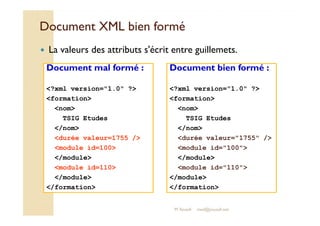 Document XXMMLL bbiieenn ffoorrmméé 
 La valeurs des attributs s'écrit entre guillemets. 
Document mal formé : 
?xml version=1.0 ? 
formation 
nom 
Document bien formé : 
?xml version=1.0 ? 
formation 
nom 
TSIG Etudes 
/nom 
durée valeur=1755 / 
module id=100 
/module 
module id=110 
/module 
/formation 
TSIG Etudes 
/nom 
durée valeur=1755 / 
module id=100 
/module 
module id=110 
/module 
/formation 
M.Youssfi med@youssfi.net 
 